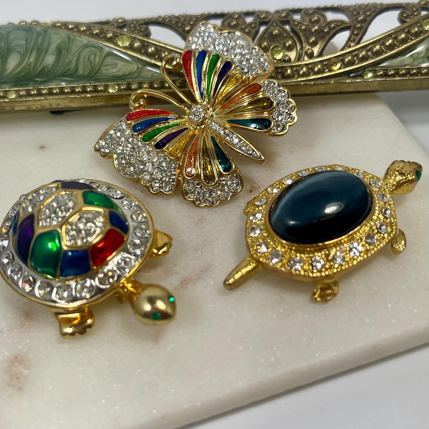 Hand Crafted Turtle Pin Genuine Gray Cat's Eye Surrounded by Clear Austrian Crystals and Emerald Crystal Eyes Antique Brooch for Women