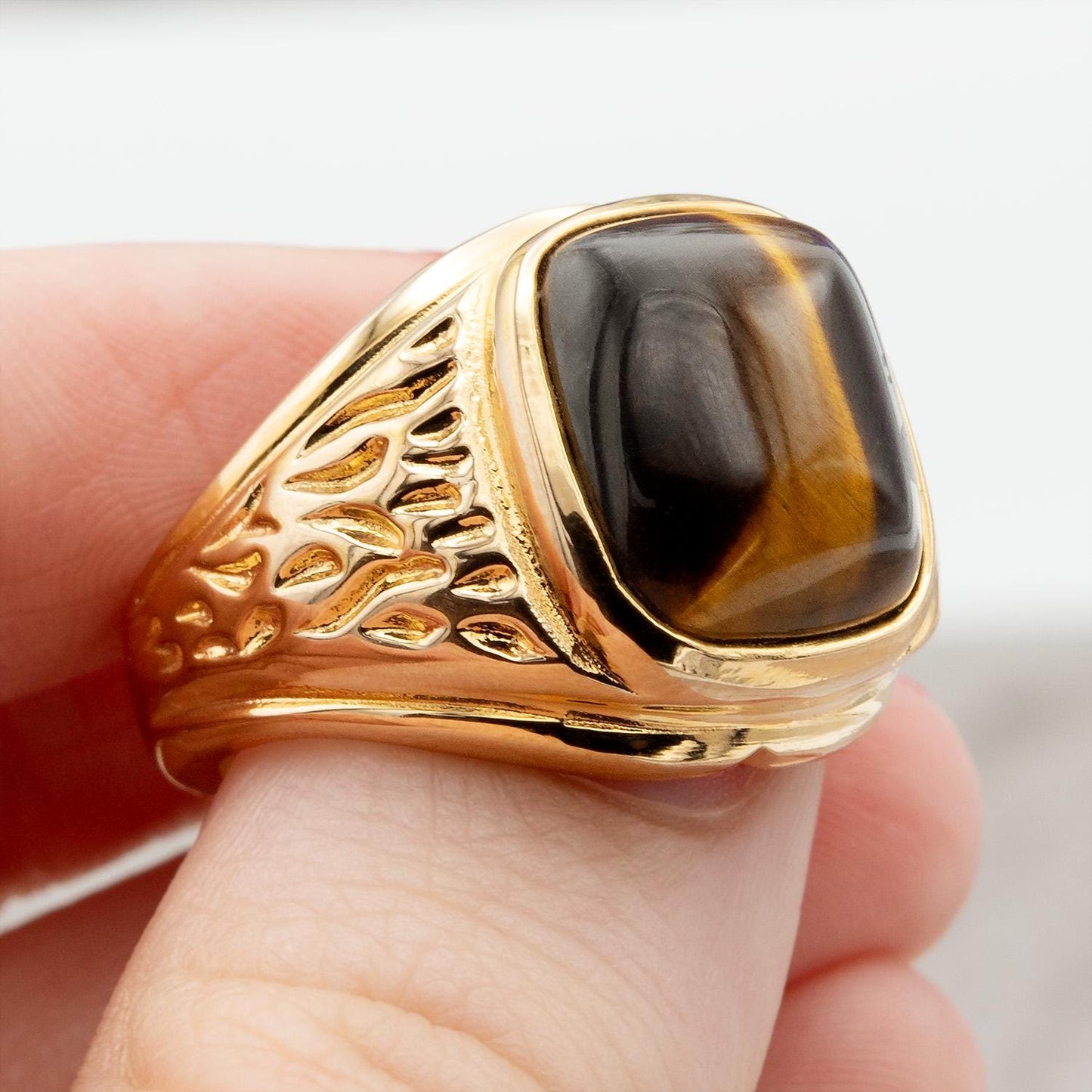 Vintage Ring 1980s Mens Genuine Tiger Eye 18kt Gold Electroplated Ring Unisex Jewelry Gift for Men Dad Husband Father's Day Gift Men's Rings