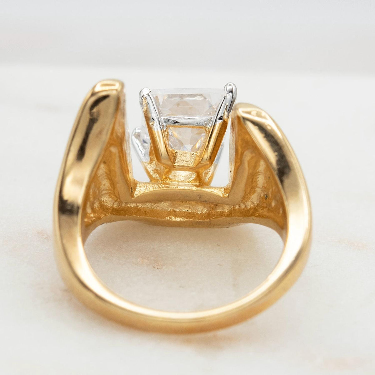 Vintage 18KT Gold Electroplated Cubic Zirconia Ring 4 CT Solitaire Emerald Cut Woments Statement Ring