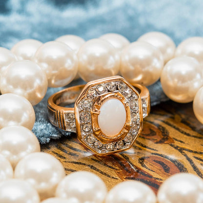 Vintage Genuine Opal and Austrian Crystals 18kt Gold Electroplated Birthstone Ring