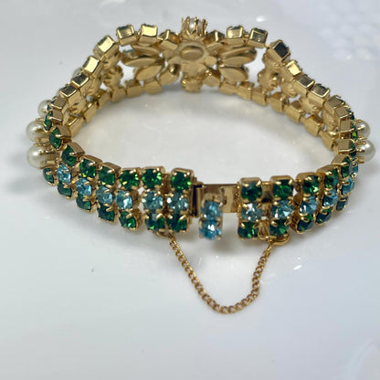 Unique Vintage Bracelet and Pin Brooch Set Pearl Beads and Crystal Stones 1950s Gold Plated Women's Mid Century Jewelry Only ONE