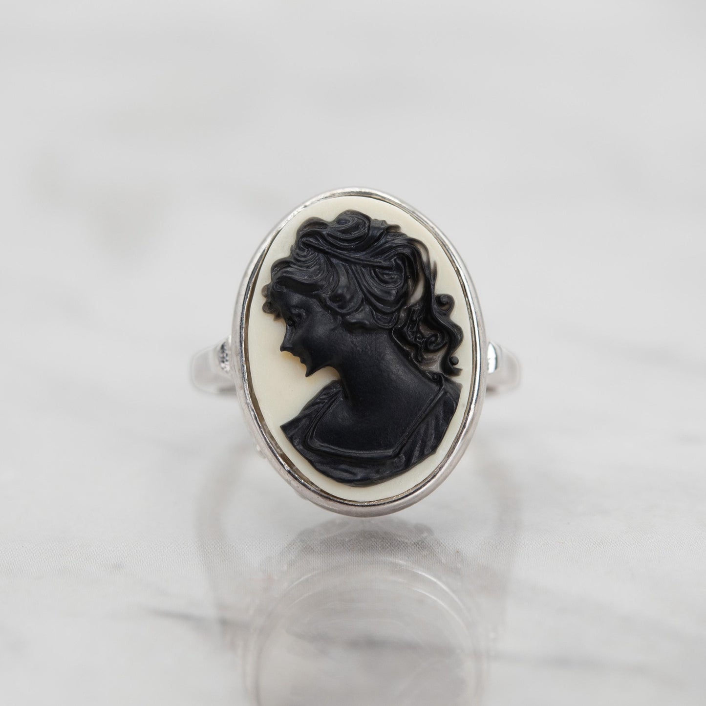 Vintage Black Silhouette on White Cameo Ring Antique 18k White Gold Silver Womans Handmade Jewelry Victorian Rings Limited Stock