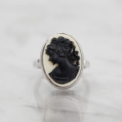 Vintage Black Silhouette on White Cameo Ring Antique 18k White Gold Silver Womans Handmade Jewelry Victorian Rings Limited Stock