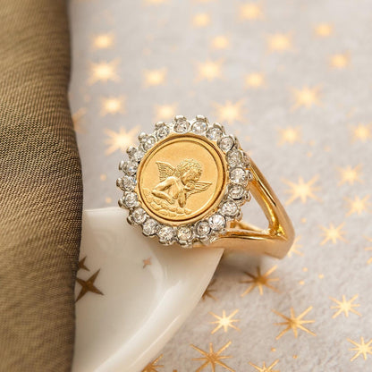 Vintage 18k Gold Electroplated Cherub Angel Coin and Crystal Womens Girls Ring
