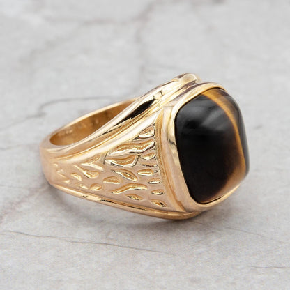 Vintage Ring 1980s Mens Genuine Tiger Eye 18kt Gold Electroplated Ring Unisex Jewelry Gift for Men Dad Husband Father's Day Gift Men's Rings