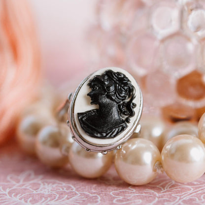 Vintage Black Silhouette on White Cameo Ring Antique 18k White Gold Silver Womans Handmade Jewelry Victorian Rings Limited Stock