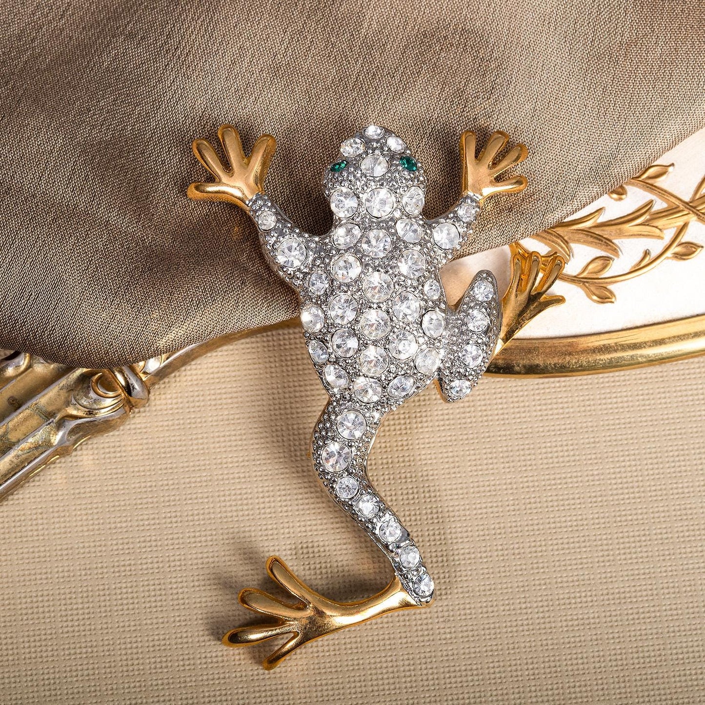 Vintage Women's Brooch Pin Frog Clear Crystals & Emerald Eyes Only One Available