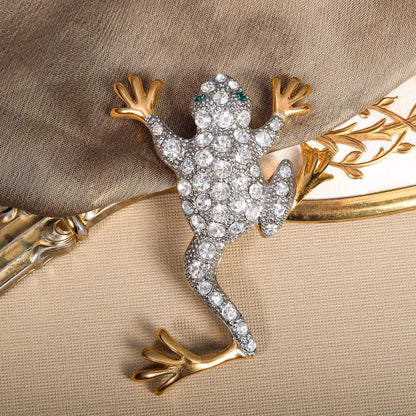 Vintage Women's Brooch Pin Frog Clear Crystals & Emerald Eyes Only One Available