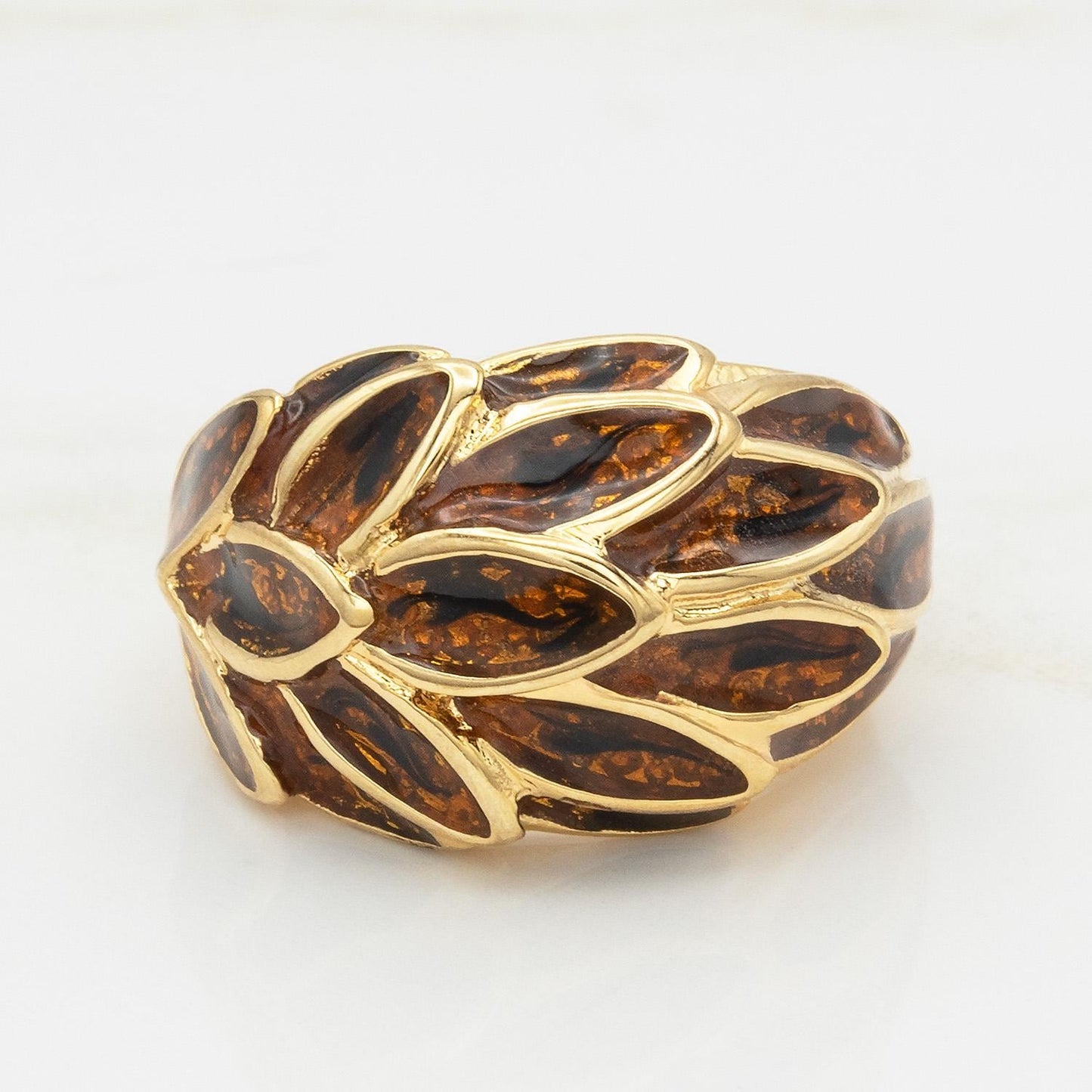 Vintage 1970s Women's Ring 18k Gold Electroplated Brown Enamel Leaf Motif Dome Ring Hand Made in USA