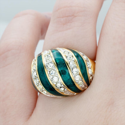 Vintage Hand Painted Emerald Green & Crystal Ring 18k Gold Electroplated Womens Dome Ring Statement Rings