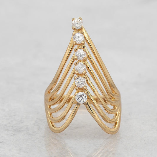 Vintage 1980s Cubic Zirconia Women's Statement Ring 18k Yellow Gold Electroplated V Shape Mid Century Design