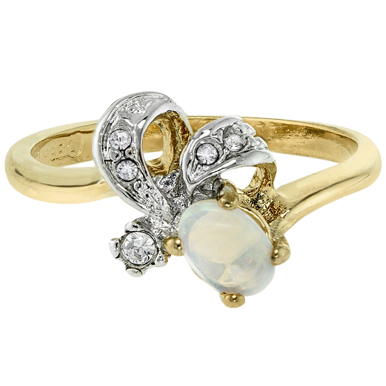 Vintage Genuine Jelly Opal and Clear Austrian Crystal Ring 18k Yellow Gold Electroplated Made in the USA