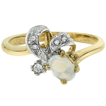 Vintage Genuine Jelly Opal and Clear Austrian Crystal Ring 18k Yellow Gold Electroplated Made in the USA