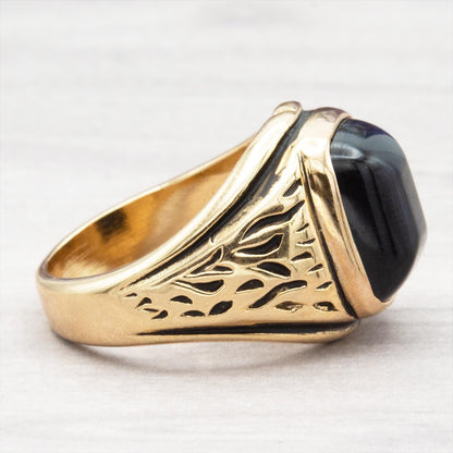 Vintage Ring 1980s Mens Black Onyx 18kt Gold Electroplated Ring Unisex Jewelry Gift for Men Dad Husband Father's Day Gift Men's Rings