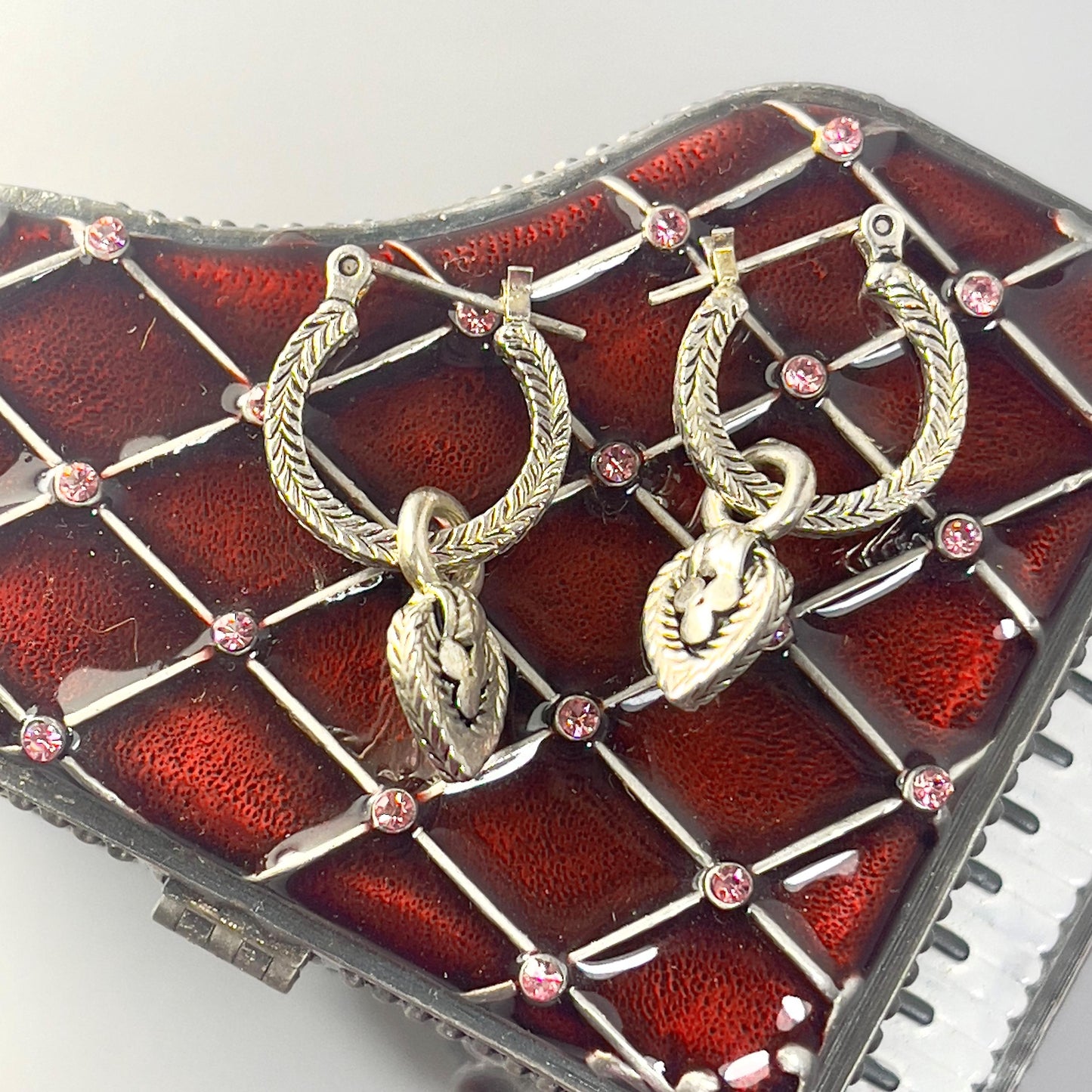 Vintage Oscar De La Renta Antiqued White Gold Plated Textured Hoops with Removable Dangling Heart Charms Earrings