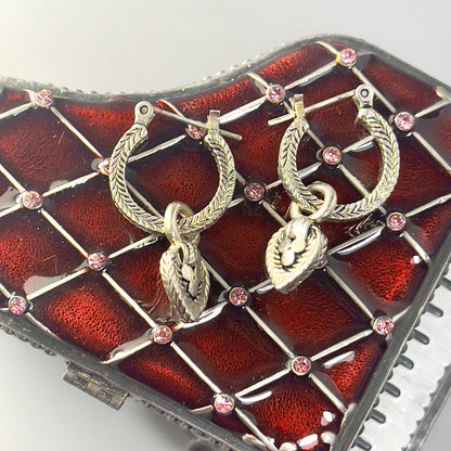 Vintage Oscar De La Renta Antiqued White Gold Plated Textured Hoops with Removable Dangling Heart Charms Earrings