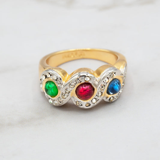 Vintage Multi Color Cabochon Crystal Cocktail Ring - 18k HGE Brass jewelry image 1