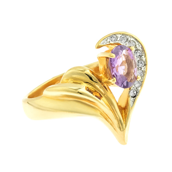 Vintage Genuine Amethyst and Clear Crystal Ring 18k Yellow Gold Plated Made in USA