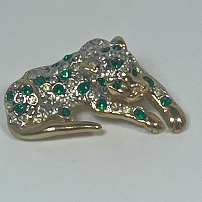 Vintage Emerald Tiger Pin Austrian Clear & Emerald Crystals Antique Brooch Unique Hand Made Gift for Women Signifies Natural Leader Only one