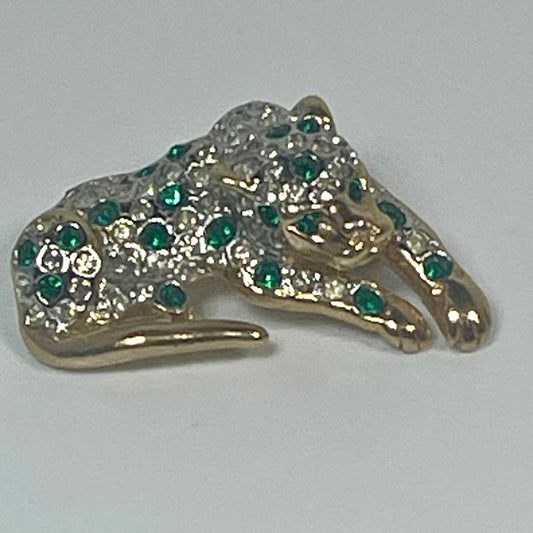 Vintage Emerald Tiger Pin Austrian Clear & Emerald Crystals Antique Brooch Unique Hand Made Gift for Women Signifies Natural Leader Only one