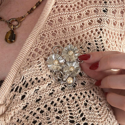 Vintage Oscar de la Renta Brooch Antiqued Unique White Frog on Lilly Pad Pin with Pearl Drops Womens Designer Jewelry