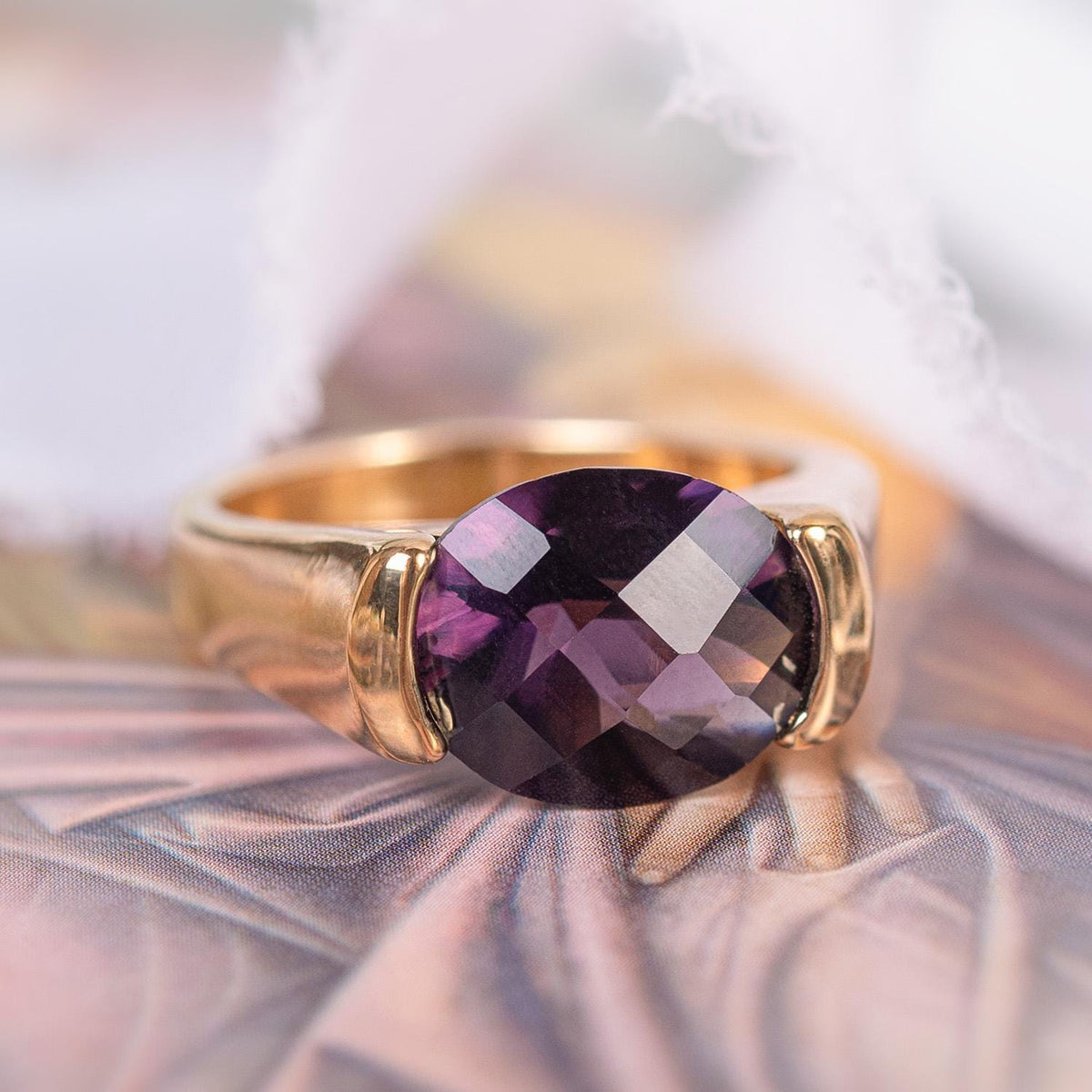 Vintage Womens Amethyst Austrian Crystal Ring 18k Yellow Gold Electroplated February Birthstone