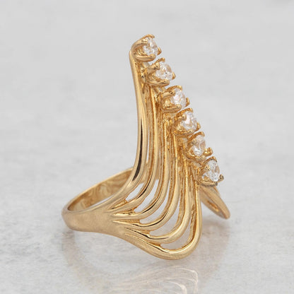 Vintage 1980s Cubic Zirconia Women's Statement Ring 18k Yellow Gold Electroplated V Shape Mid Century Design