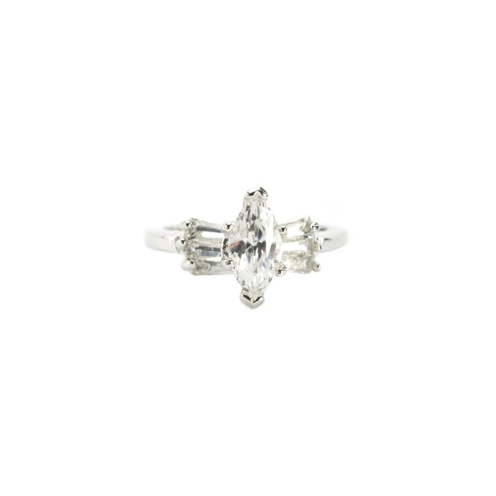 Vintage 1980's 18k White Gold Plated Marquis Shaped Cubic Zirconia Engagement Style Ring Made in USA