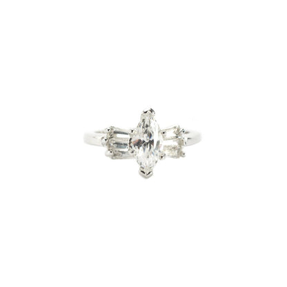 Vintage 1980's 18k White Gold Plated Marquis Shaped Cubic Zirconia Engagement Style Ring Made in USA