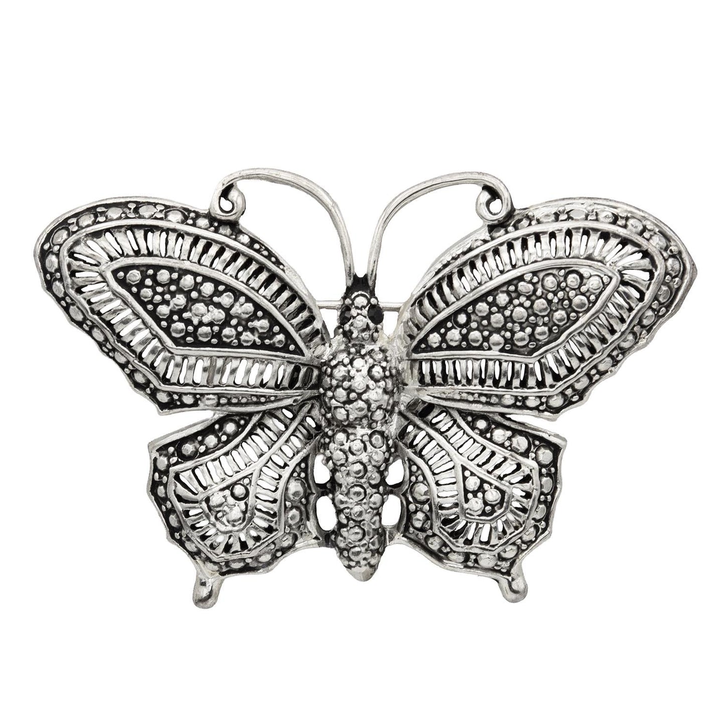 Women's Vintage Butterfly Brooch Pin Antique Style Silver Plated Black Crystal Eyes Made in USA Only One Available