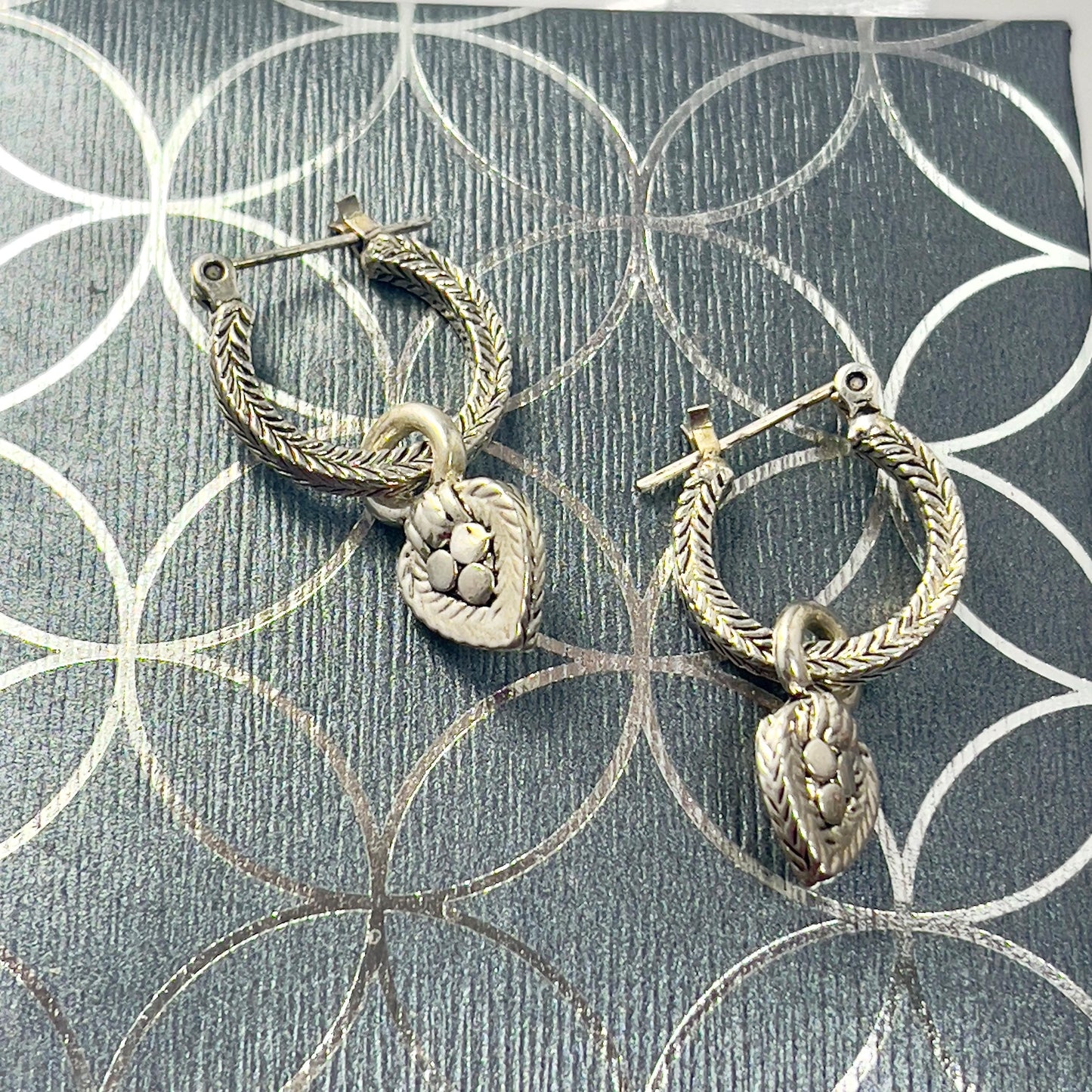Vintage Oscar De La Renta Antiqued White Gold Plated Textured Hoops with Removable Dangling Heart Charms Earrings
