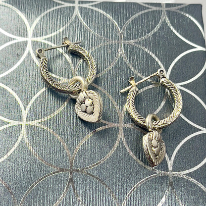 Vintage Oscar De La Renta Antiqued White Gold Plated Textured Hoops with Removable Dangling Heart Charms Earrings