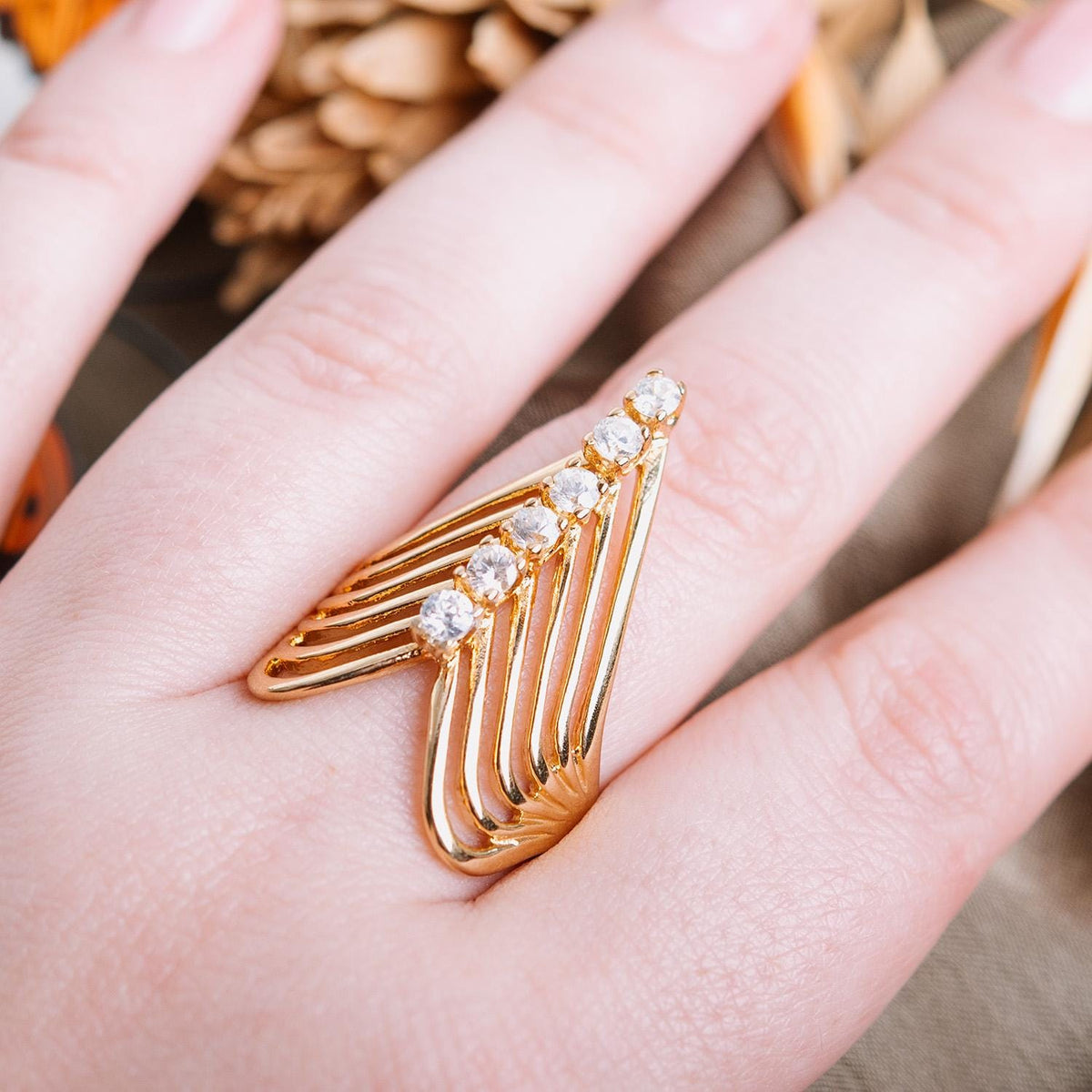 Vintage 1980s Cubic Zirconia Women's Statement Ring 18k Yellow Gold Electroplated V Shape Mid Century Design