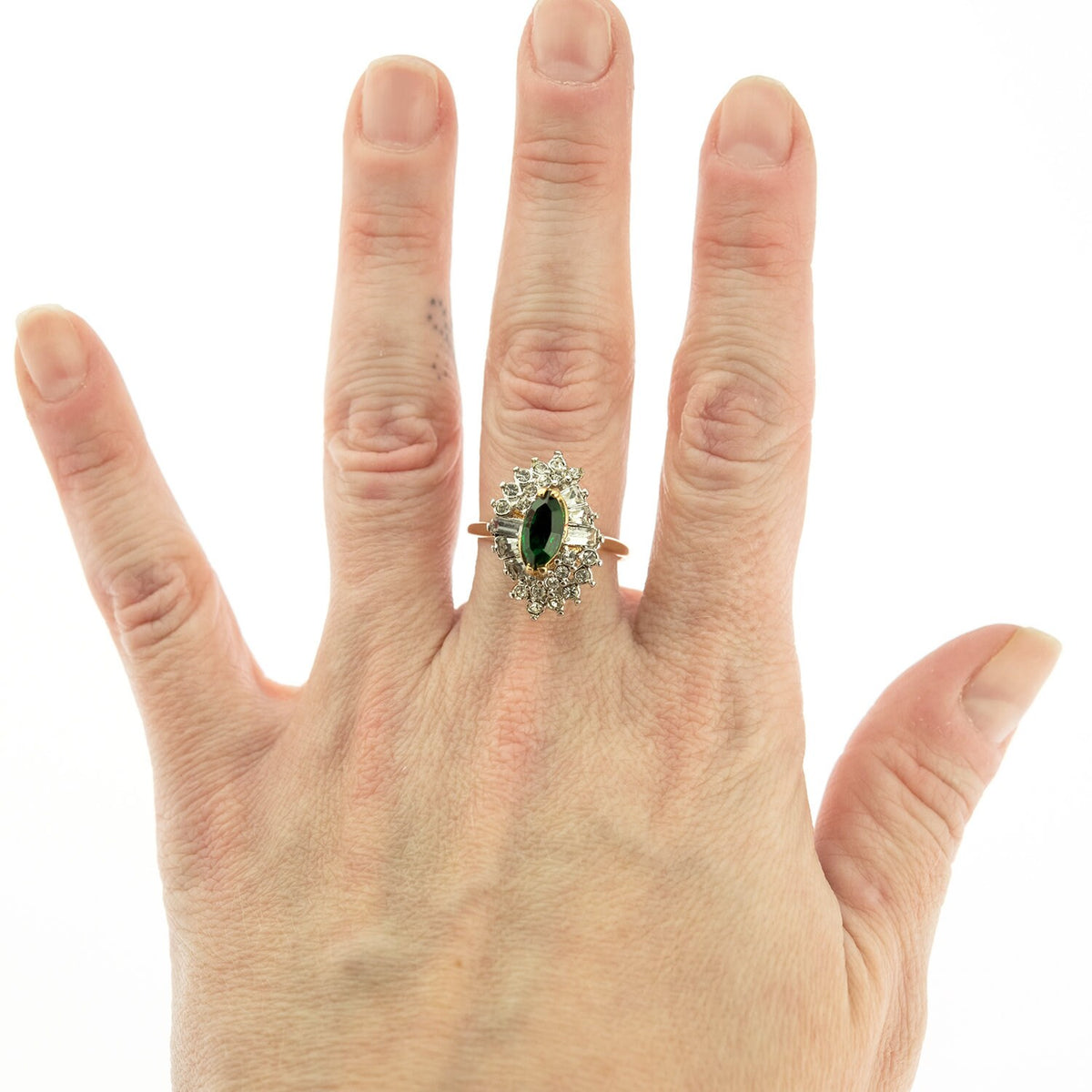 Women's Vintage 1970s Ring Emerald and Clear Austrian Crystals 18k Yellow Gold Electroplate Made in USA