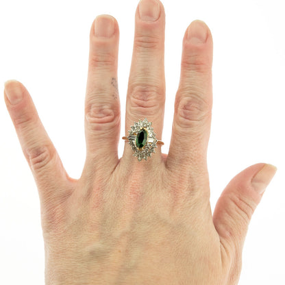 Women's Vintage 1970s Ring Emerald and Clear Austrian Crystals 18k Yellow Gold Electroplate Made in USA
