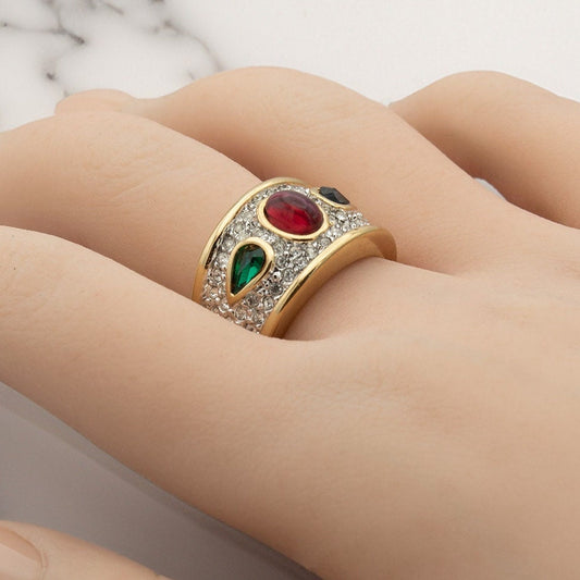 Vintage Ring Multi Colored Austrian Crystals 18k Gold Electroplated 1970s Era