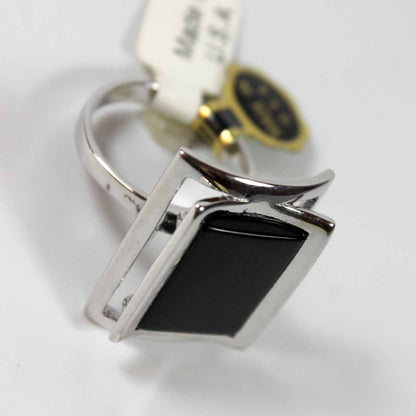 Vintage 1970's Genuine Onyx Ring Rhodium Plated Cocktail Ring Made in USA
