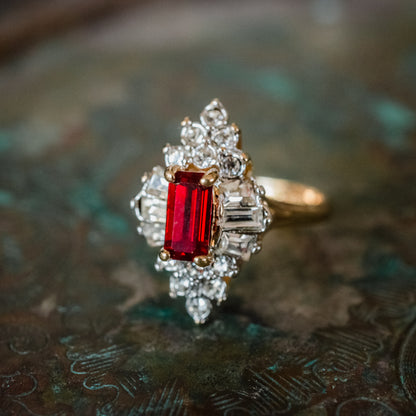 Vintage 1970's Ring Ruby and Clear Austrian Crystals 18k Yellow Gold Plated Made in USA