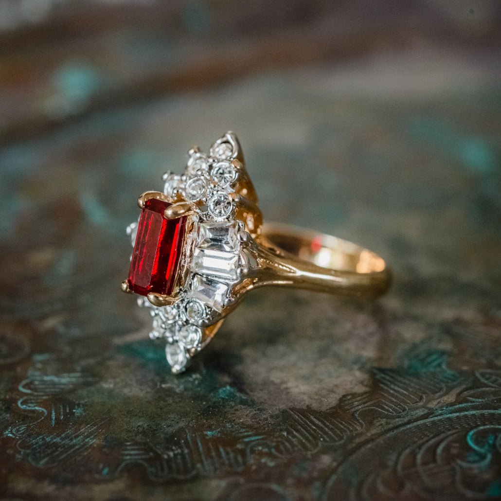 Vintage 1970's Ring Ruby and Clear Austrian Crystals 18k Yellow Gold Plated Made in USA
