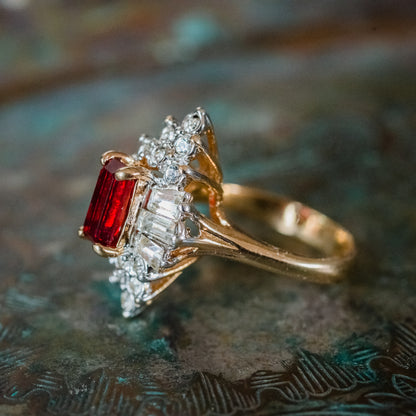 Vintage 1970's Ring Ruby and Clear Austrian Crystals 18k Yellow Gold Plated Made in USA
