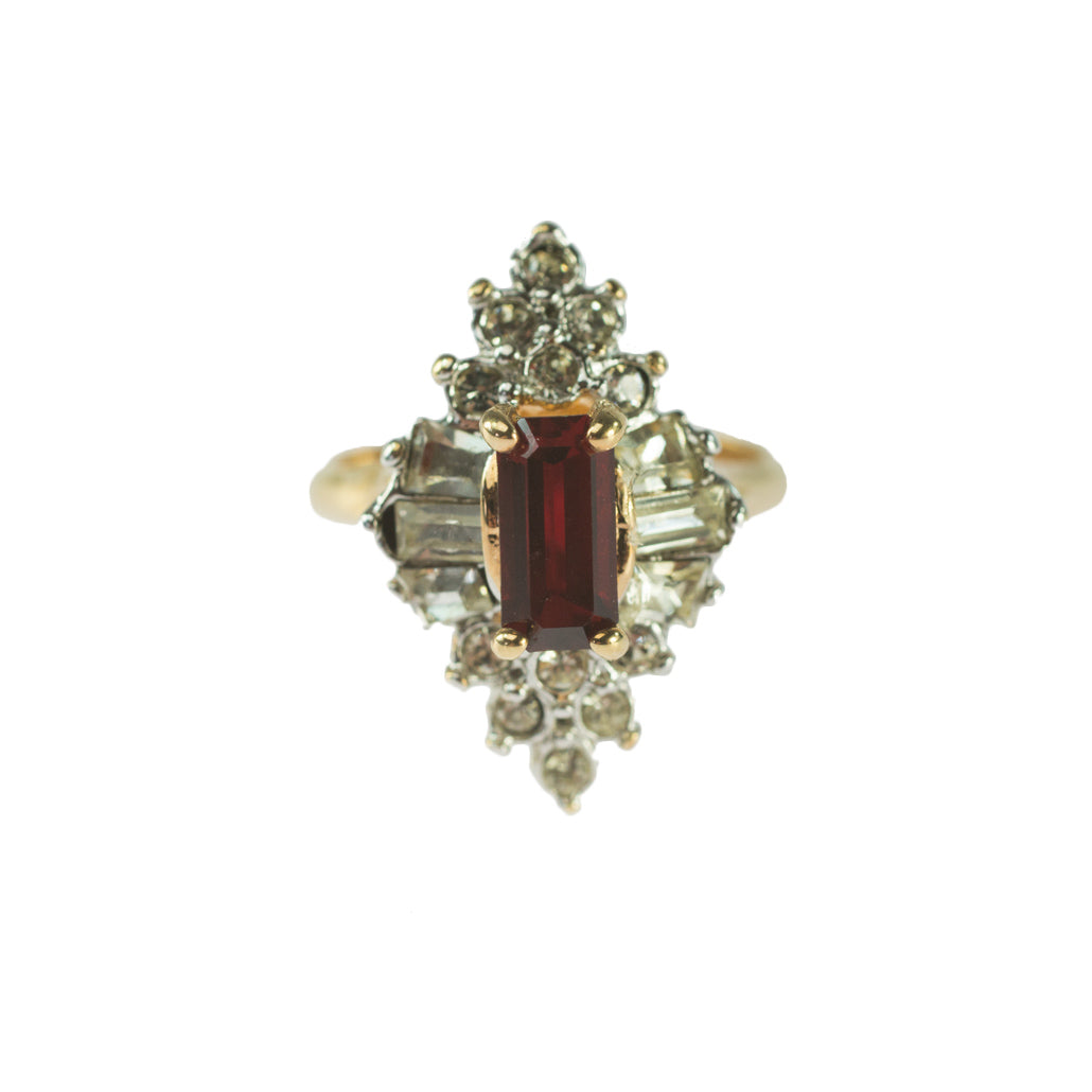 Vintage 1970's Ring Ruby and Clear Austrian Crystals 18k Yellow Gold Plated Made in USA