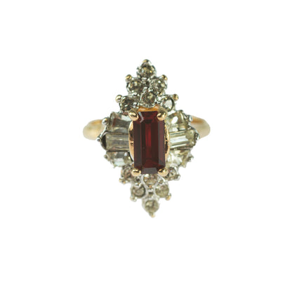 Vintage 1970's Ring Ruby and Clear Austrian Crystals 18k Yellow Gold Plated Made in USA