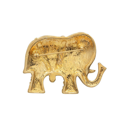Vintage Brooch Pin Elephant Clear Crystals & Ruby Eye Hand Painted Green Good Luck