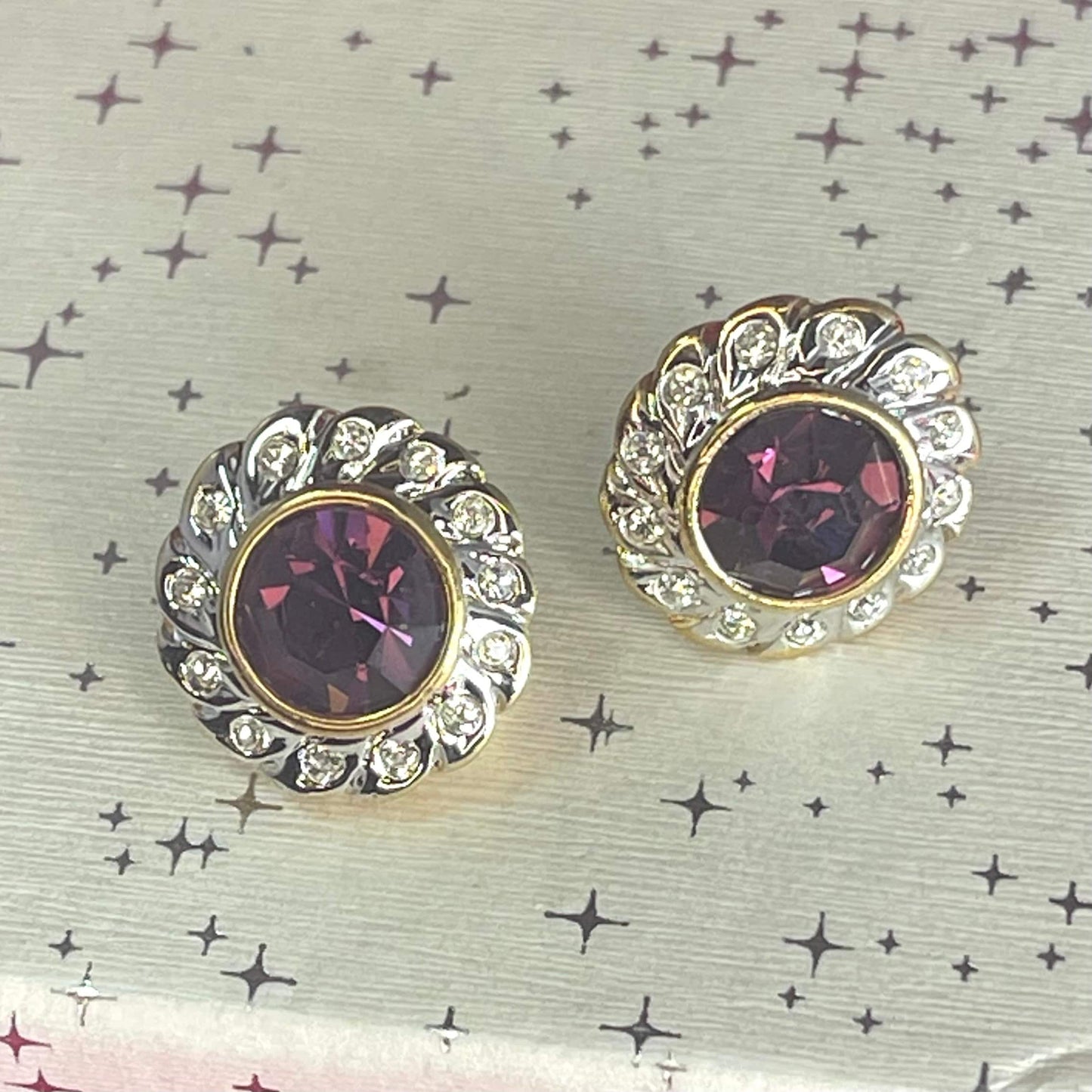 Vintage Austrian Crystal Amethyst Post Earrings - Gold and Silver Tone with Clear Crystal Accents #E4017 jewelry image 1