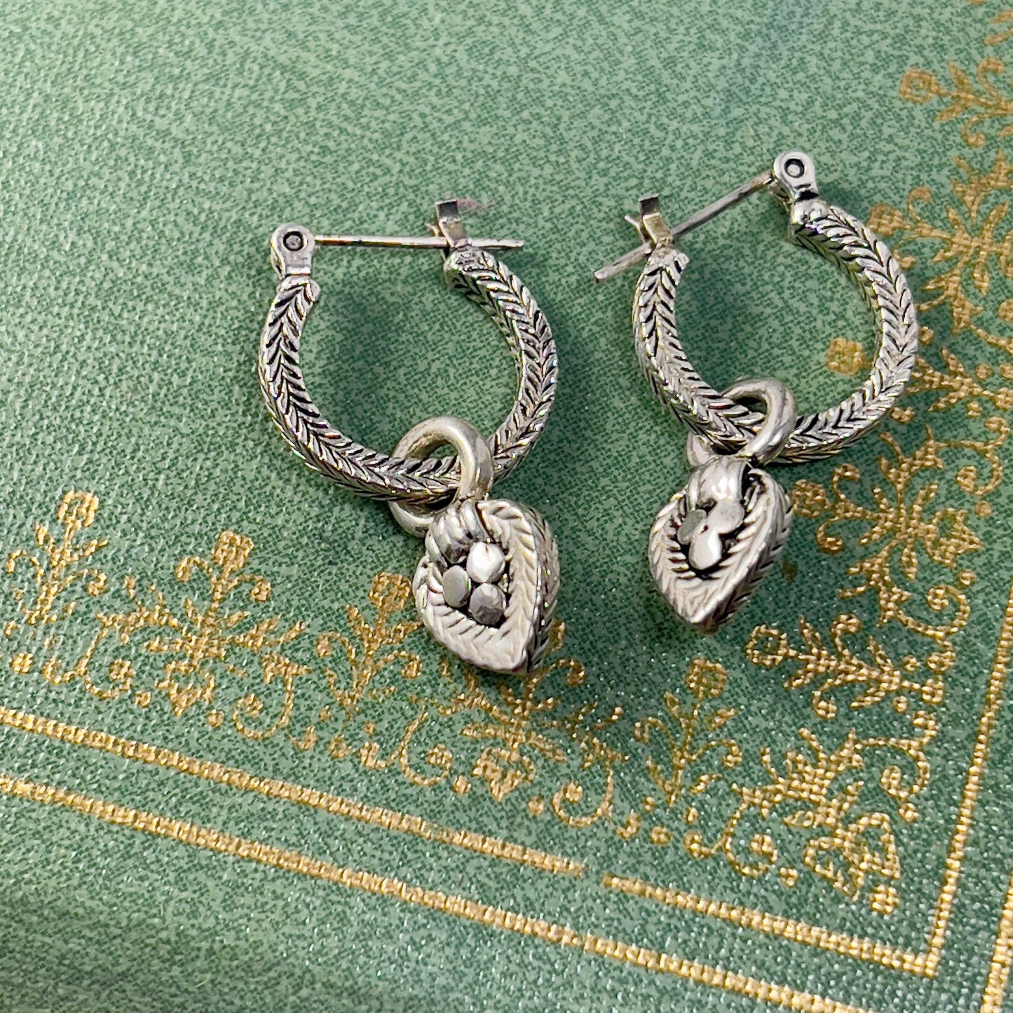 Vintage Oscar De La Renta Antiqued White Gold Plated Textured Hoops with Removable Dangling Heart Charms Earrings