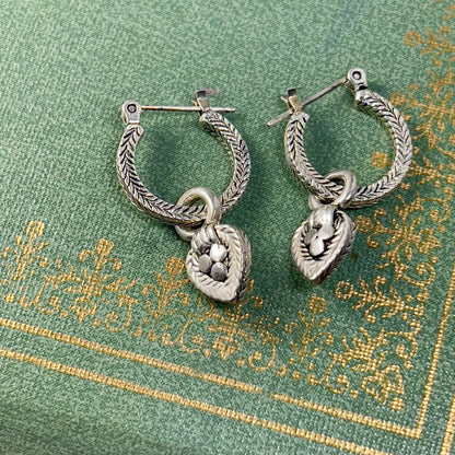 Vintage Oscar De La Renta Antiqued White Gold Plated Textured Hoops with Removable Dangling Heart Charms Earrings