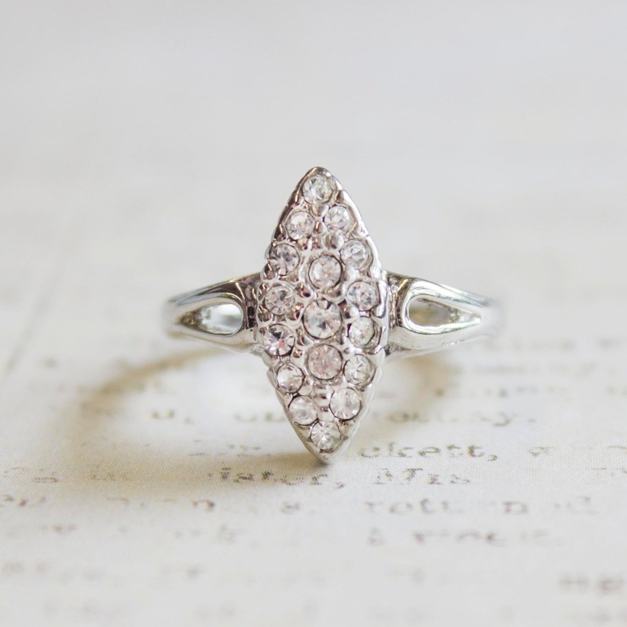 Vintage Pave 18k White Gold Electroplated Ring with Austrian Crystals Made in USA