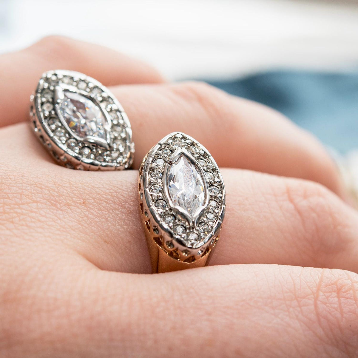 Vintage Ring 18k White Gold Electroplated Edwardian Style Marquise Cubic Zirconia Ring Gold Statement Womans Rings Antique Jewelry