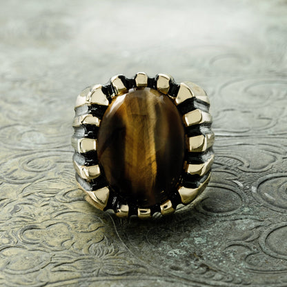 Vintage 1980s Mens Genuine Cabochon Tiger Eye 18kt Gold Plated Ring Made in USA