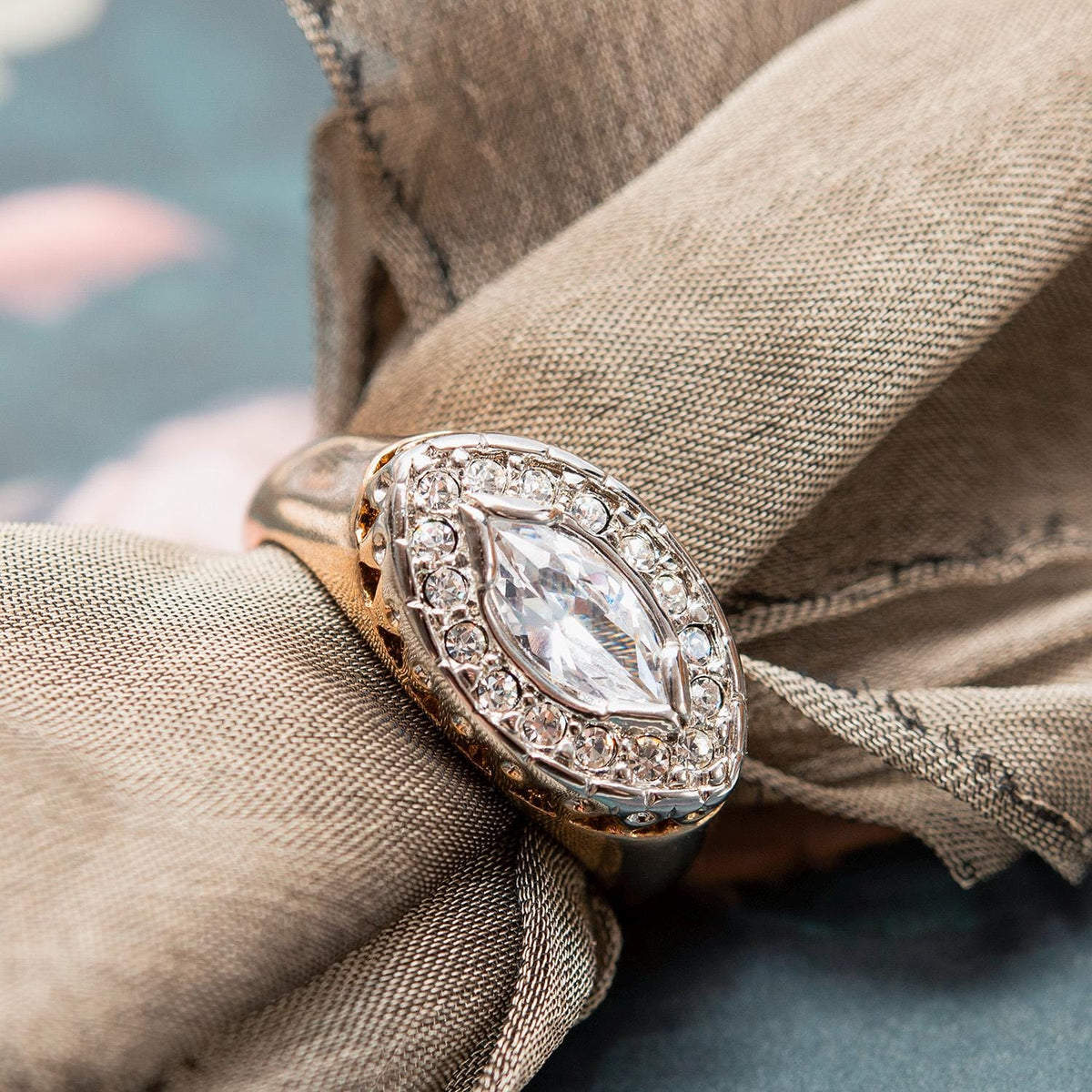 Vintage Ring 18k Yellow Gold Electroplated Edwardian Style Marquise Cubic Zirconia Ring